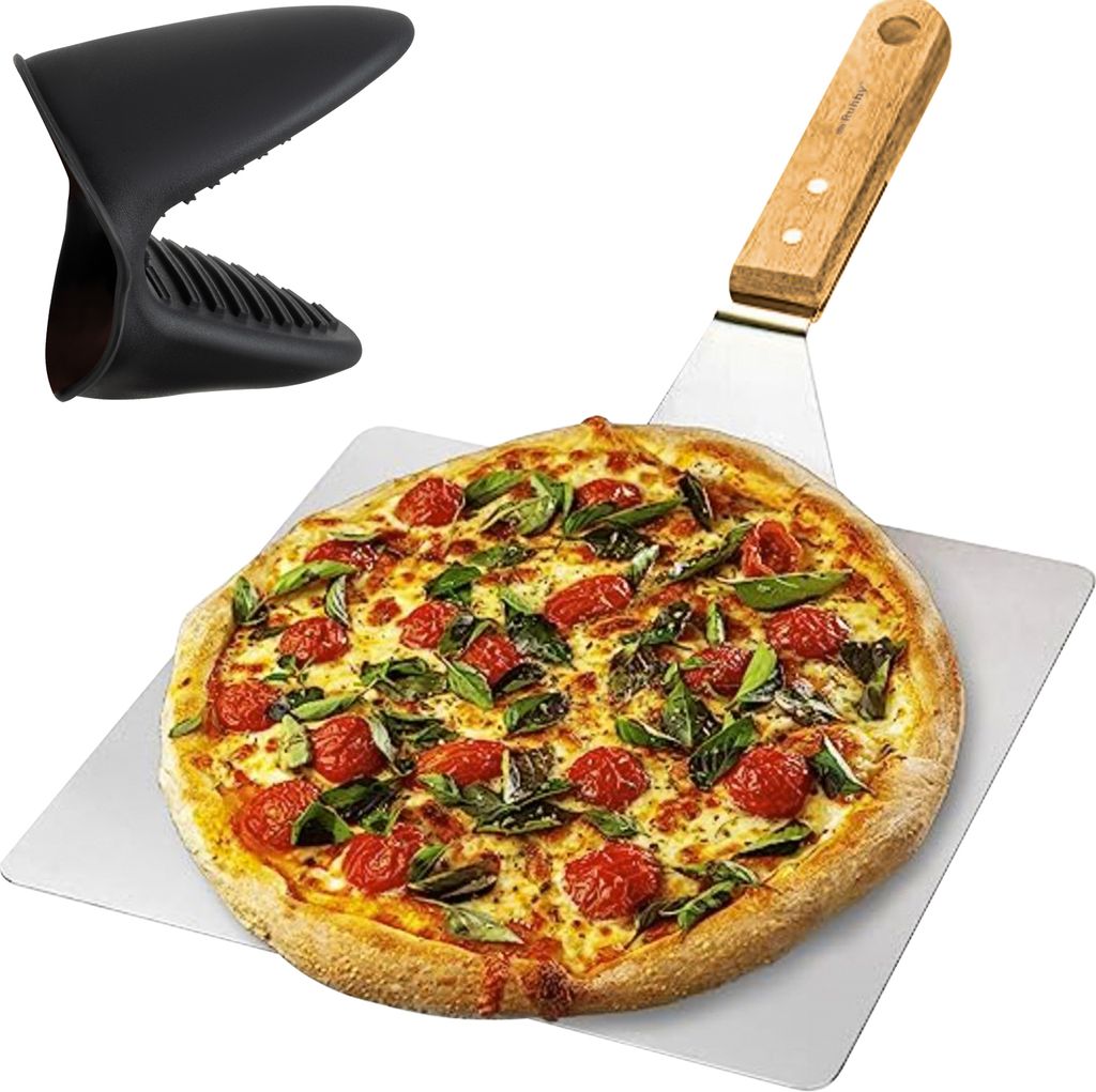 A pizza and pizza-serving tools are displayed on a white background.