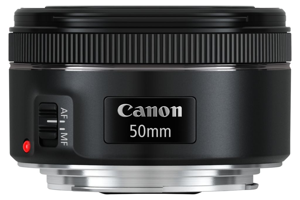 A close-up studio shot of a Canon 50mm lens.
