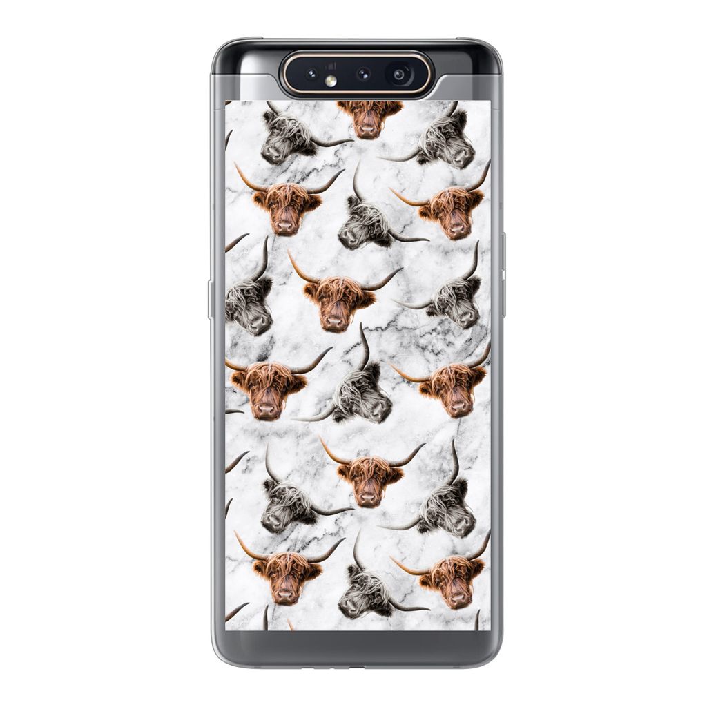 MuchoWow Handyhülle Schutzhülle Hülle für Samsung Galaxy A80 Schottischer Highlander - Kuh - Marmor Silikon Softcase Handy Hülle - Schutzdeckel