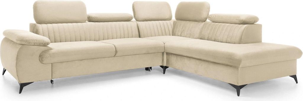 Ecksofa VETTO Monolith 02 Creme Hellbeige Samt Velours Schlafsofa Bettkasten Verstellbare Kopfstützen Rechts