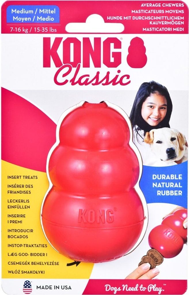 The image shows the packaging of a KONG Classic dog toy, with a product shot and images of a girl and a dog.