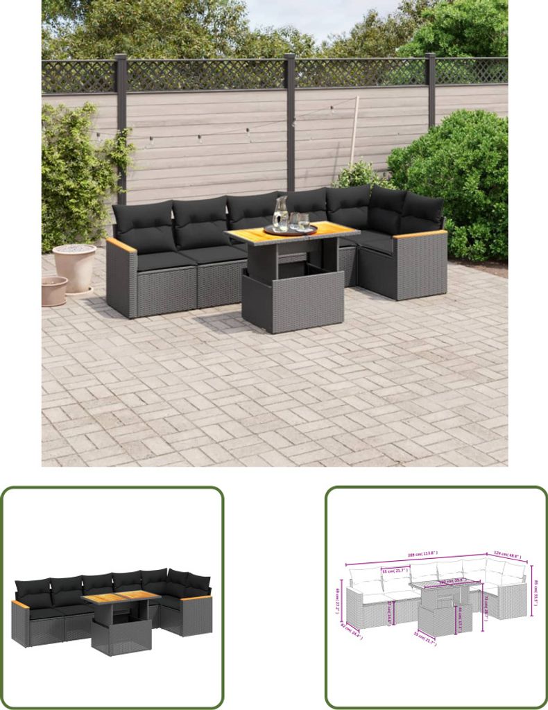 The Living Store 7-tlg. Garten-Sofagarnitur mit Kissen Schwarz Poly Rattan