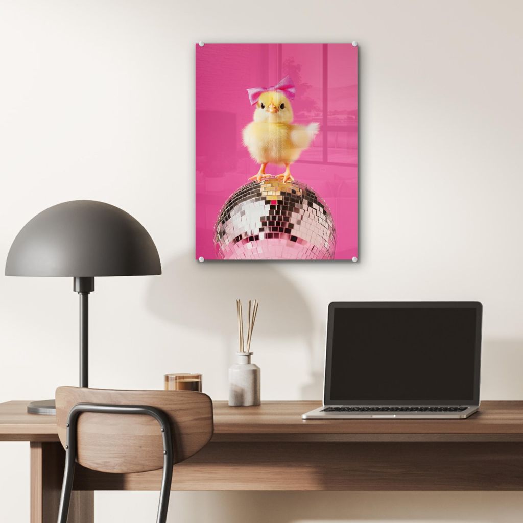 MuchoWow Glasbilder - Bilder auf Wandbild - Foto auf Glas Discoball - Küken - Schleife 30x40 cm Wanddekoration aus Glas - Acrylglasbild - Acrylbil...