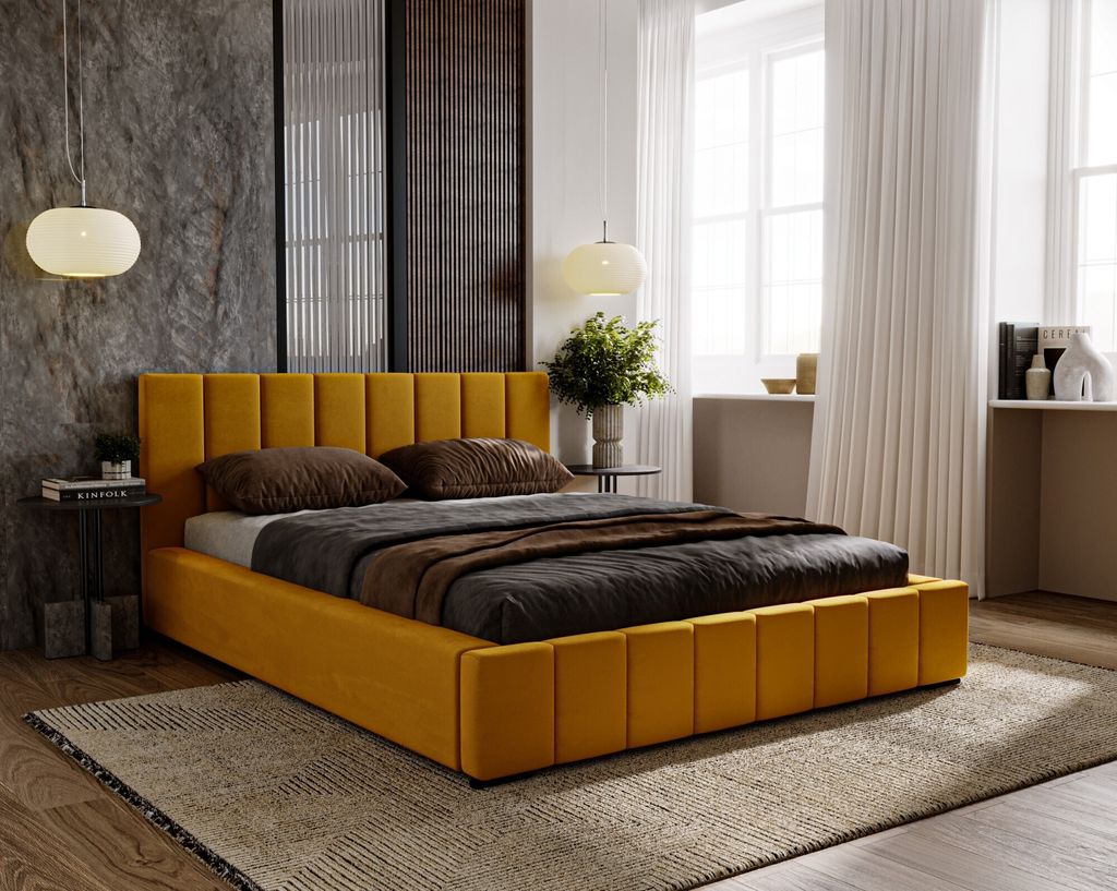 Polsterbett Nero inkl. Schaummatratze SELEKT, 120x200 cm, Doppelbett mit Bettkasten und Lattenrost aus Holz, Velourstoff: Gelb