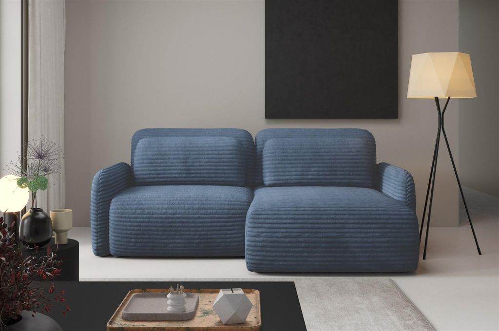 Ecksofa Schlafsofa Sofa SIMONE in Stoff Ambience Blau Ottomane Rechts
