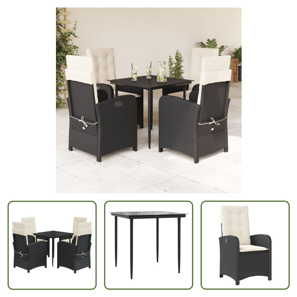 The Living Store 5-tlg. Garten-Essgruppe mit Kissen Schwarz Poly Rattan