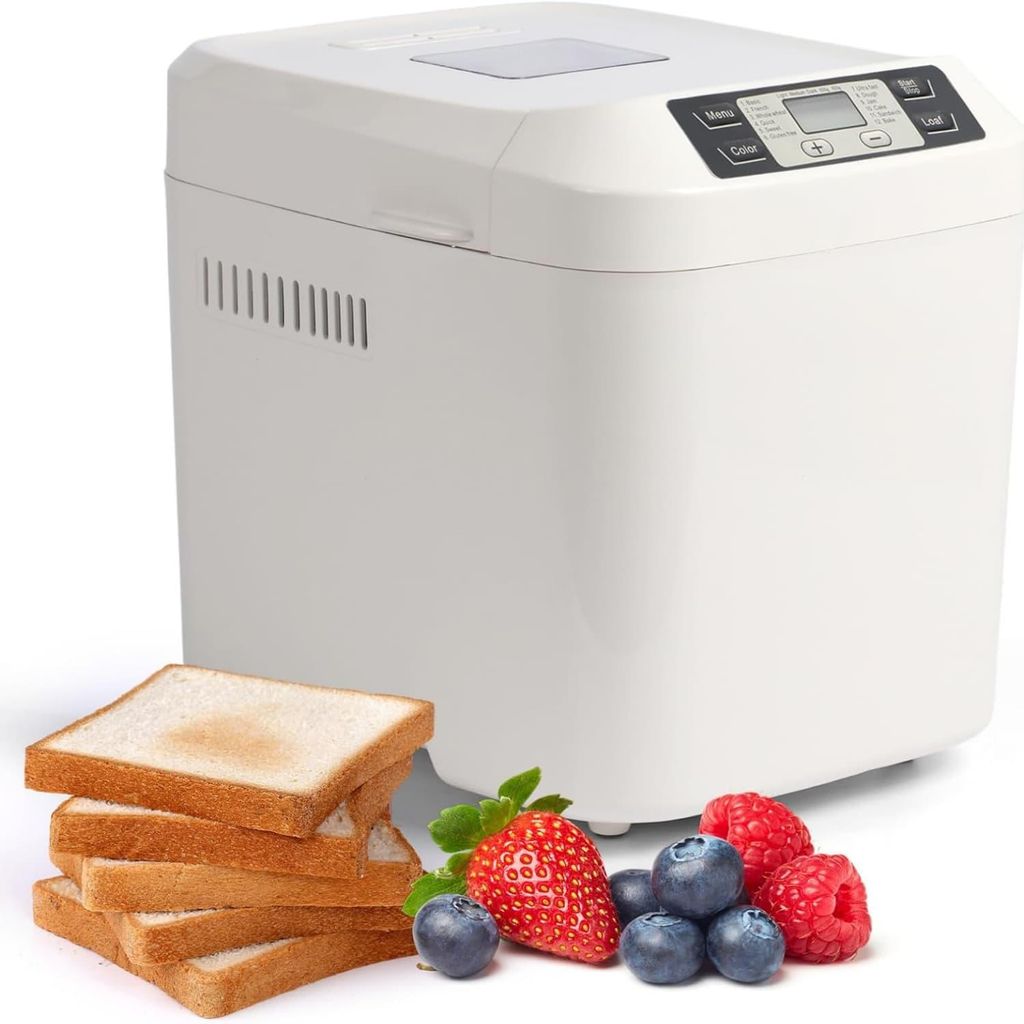 Brotbackautomaten,550W,12 Programme, 2 Pfund, glutenfrei, antihaftbeschichtet, 2 Brotgrößen, 13 Std. Vorwahl, 1 Std. Warmhaltefunktion-weiß