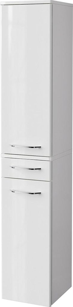 A tall, white bathroom cabinet with two doors and one drawer.