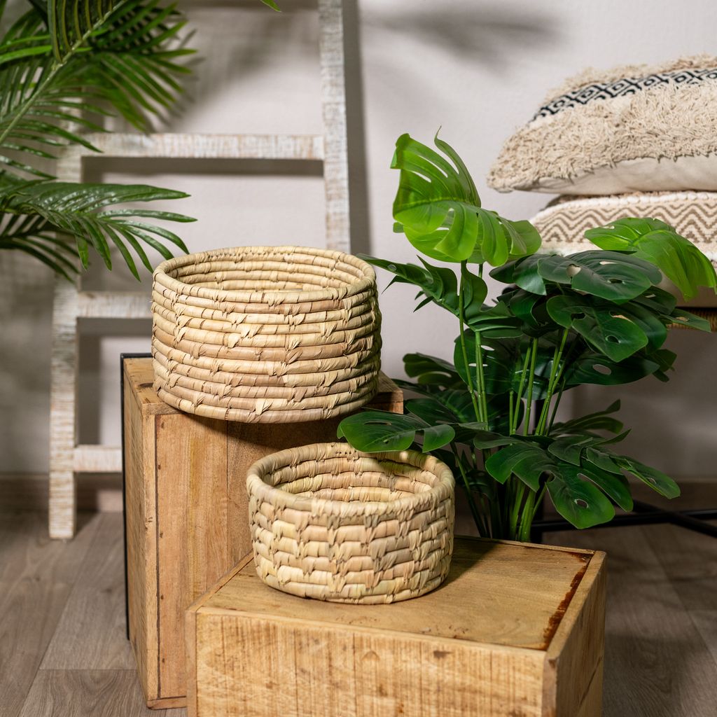 Rattan Korb Schale 2er Set - Ø 21 und Ø 25cm rund mit Einsatz Blumentopf geflochten Aufbewahrungskorb Übertopf Blumenkorb