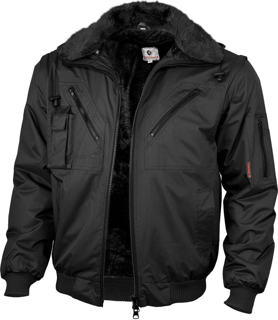 A black pilot jacket with a fur collar and lining, displayed open to show the interior.