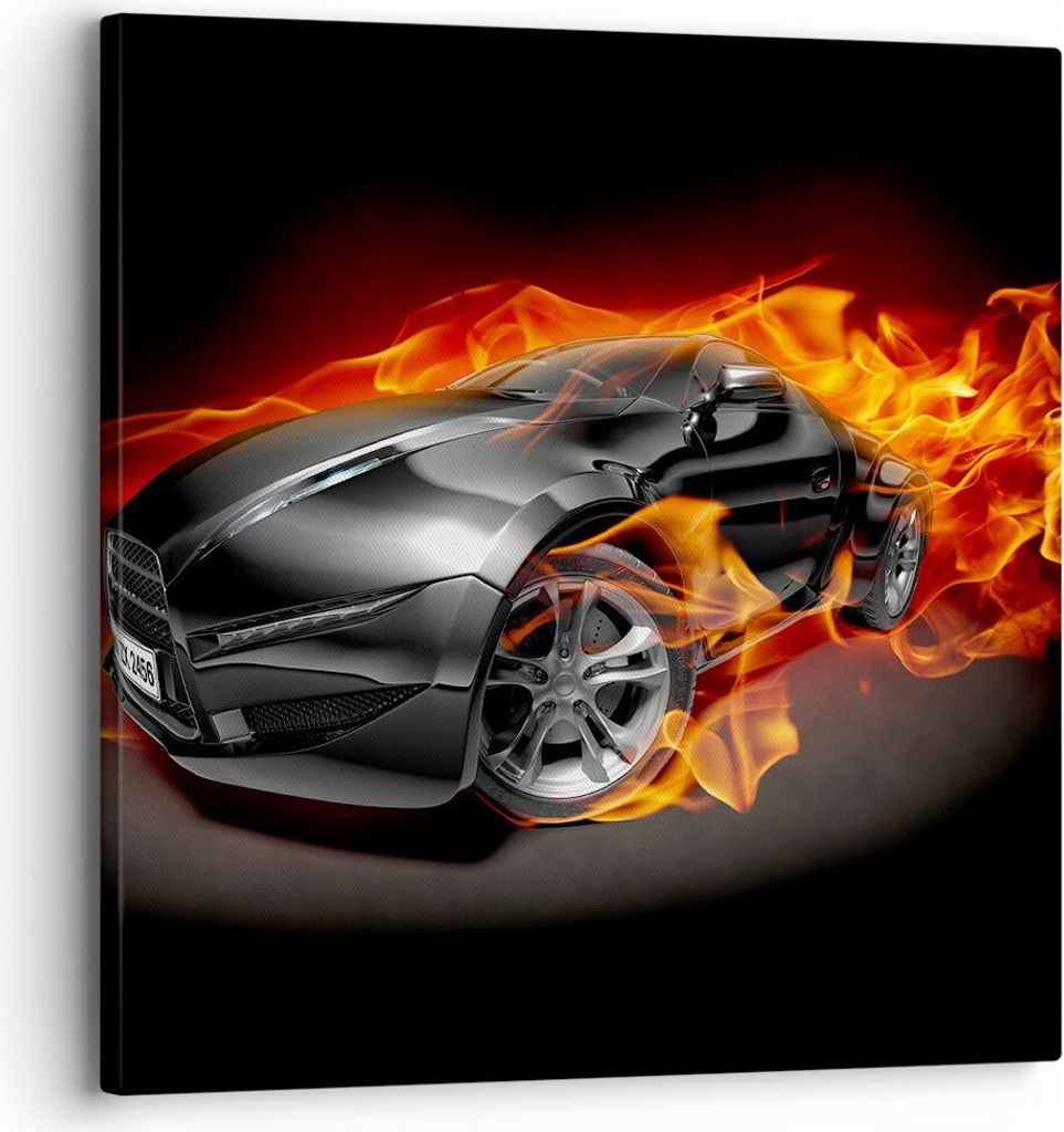 Bild auf Leinwand - Leinwandbild - Sportwagen Feuer Flammen Rauch - 30x30cm - Wand Bild - Wanddeko - Leinwanddruck - Bilder - Kunstdruck - Wanddeko...