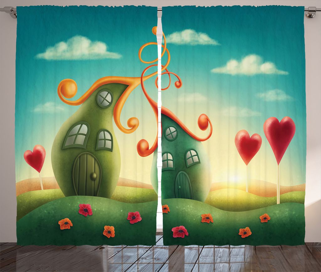 ABAKUHAUS Feminin Rustikaler Gardine, Herz-geformte Bäume Red, Schlafzimmer Kräuselband Vorhang mit Schlaufen und Haken, 280 x 245 cm, Grün und Rot