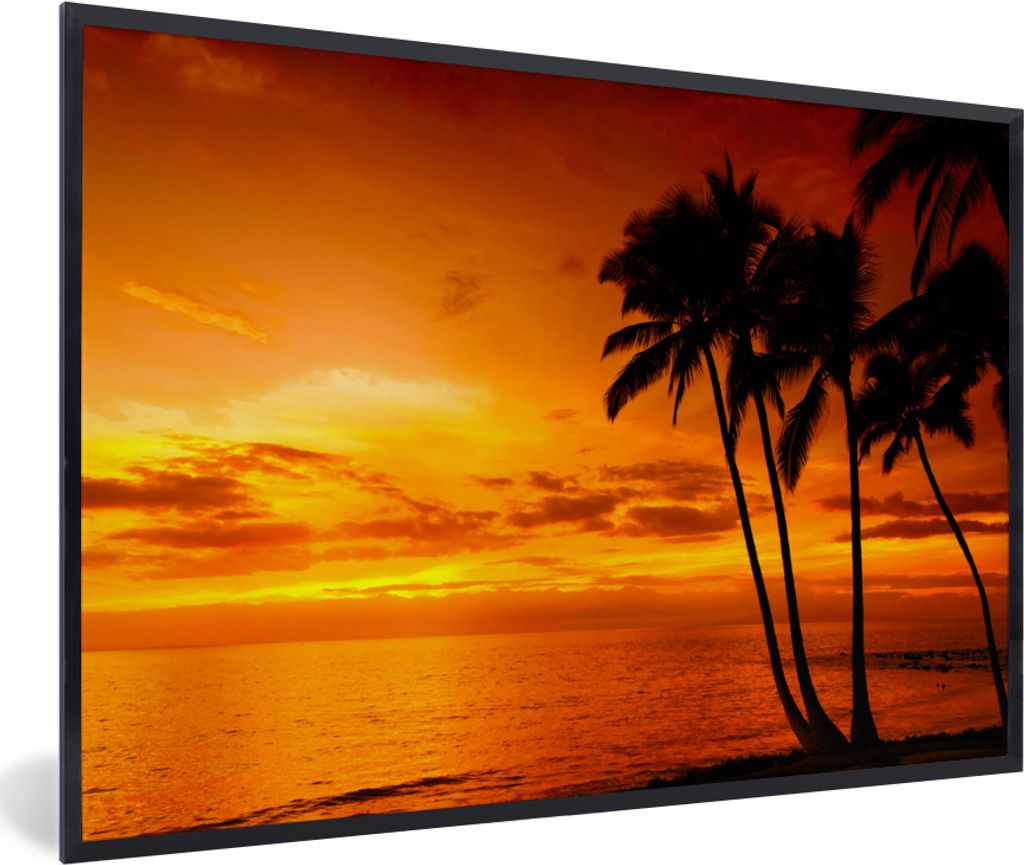 MuchoWow Gerahmtes Poster Palme - Sonnenuntergang - Tropisch - Orange - Meer 60x40 cm - Poster mit Schwarzem Bilderrahmen Wandposter Rahmen Foto ...