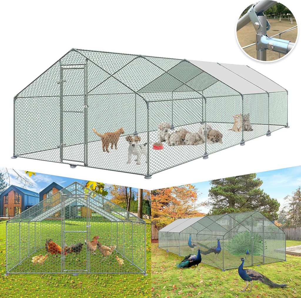 A collage of images showing different animal enclosures, including one with dogs and cats, another with chickens, and a third with peacocks.