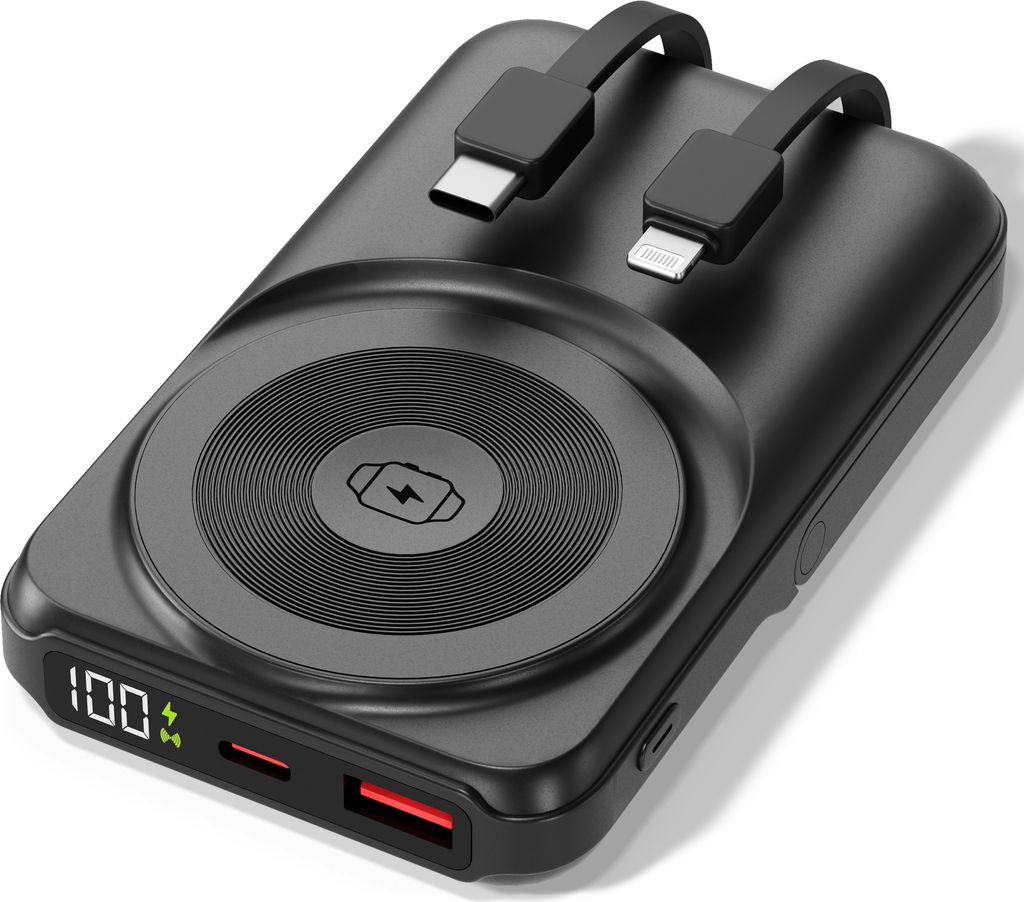 Magnetische Powerbank 10.000 mAh Schwarz – 20 W Wireless, 2,5 W Watch Charger, QC 22,5 W & PD 20 W, integriertes Kabel, Type-C Eingang, Handy-St...