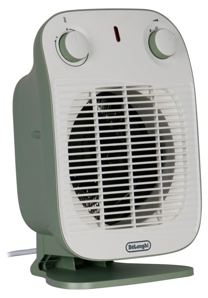 A white and green DeLonghi stand heater is shown against a white background.