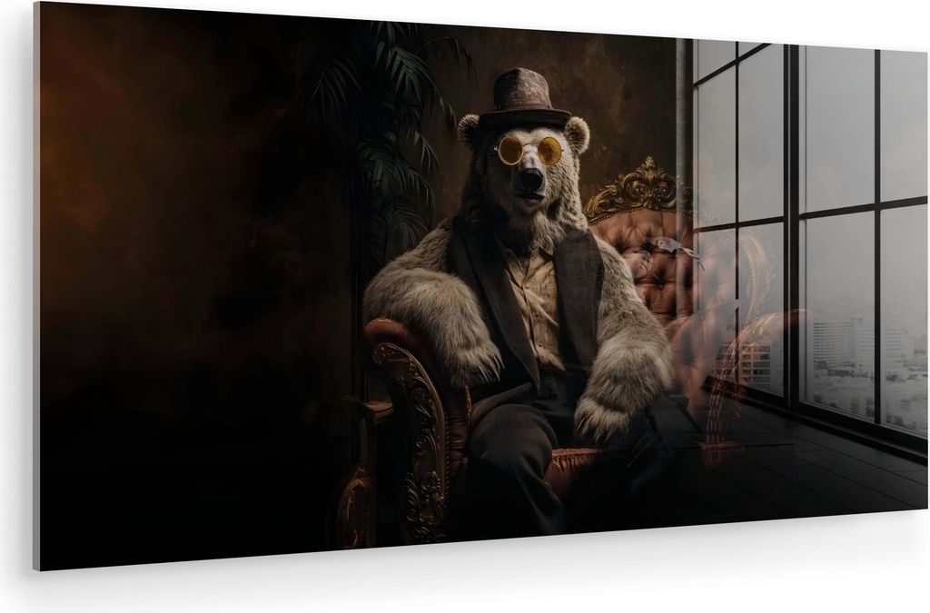 MuchoWow Glasbilder - Bilder auf Wandbild - Foto auf Glas Eisbär - Hut - Brille - Stuhl 120x60 cm Wanddekoration aus Glas - Acrylglasbild - Acrylb...