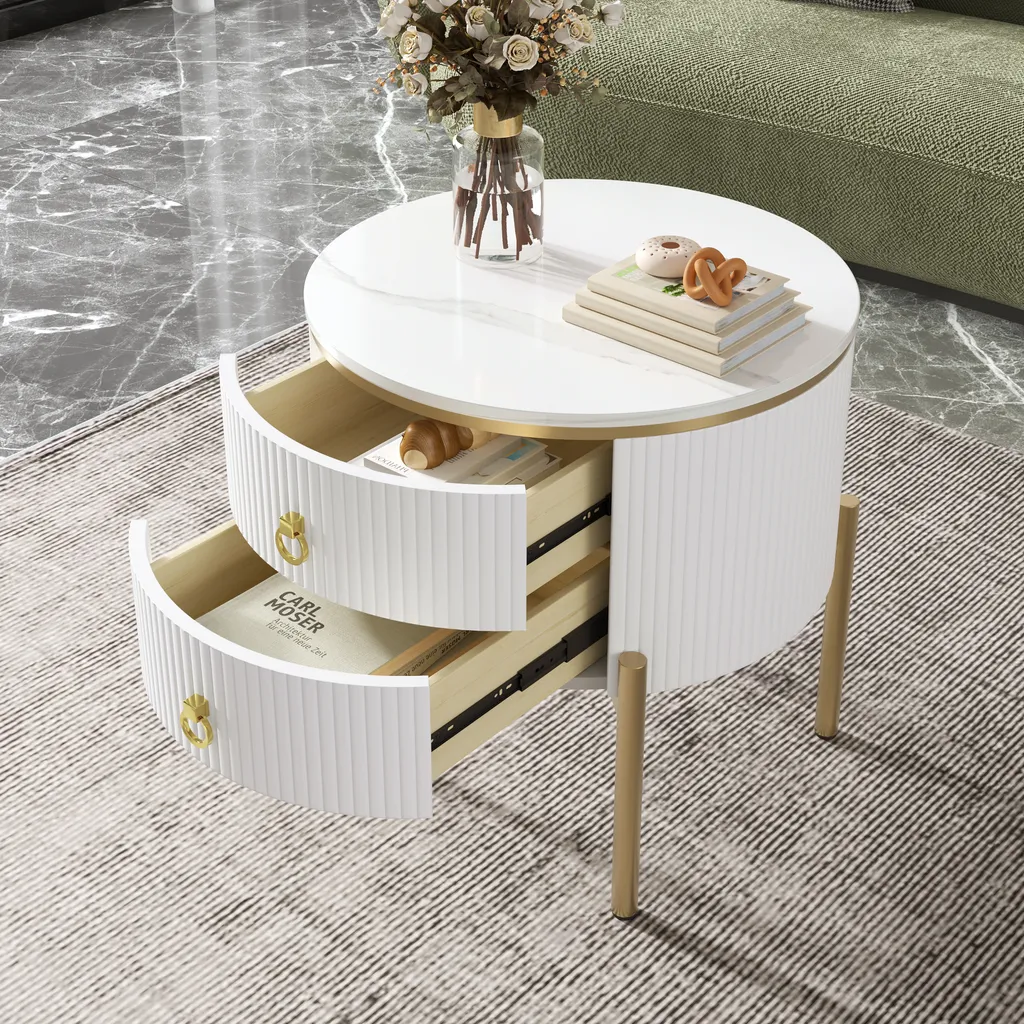 Merax Table basse effet marbre blanc avec tiroir et pieds dorés 50x50cm