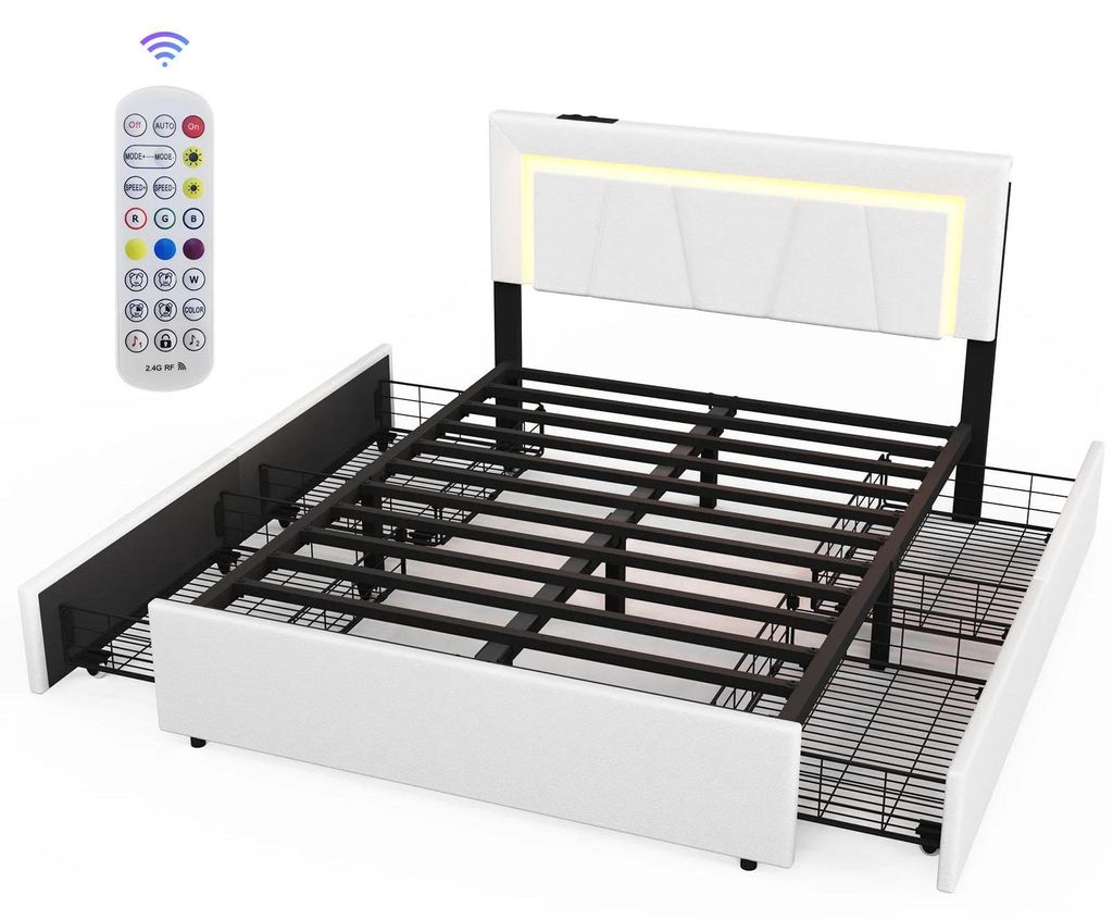 Polsterbett - Doppelbett 140x200 cm - Kopfteil mit Stauraum und USB-Anschluss - 4 Schubladen - Verstellbare LED-Beleuchtung - Weiß