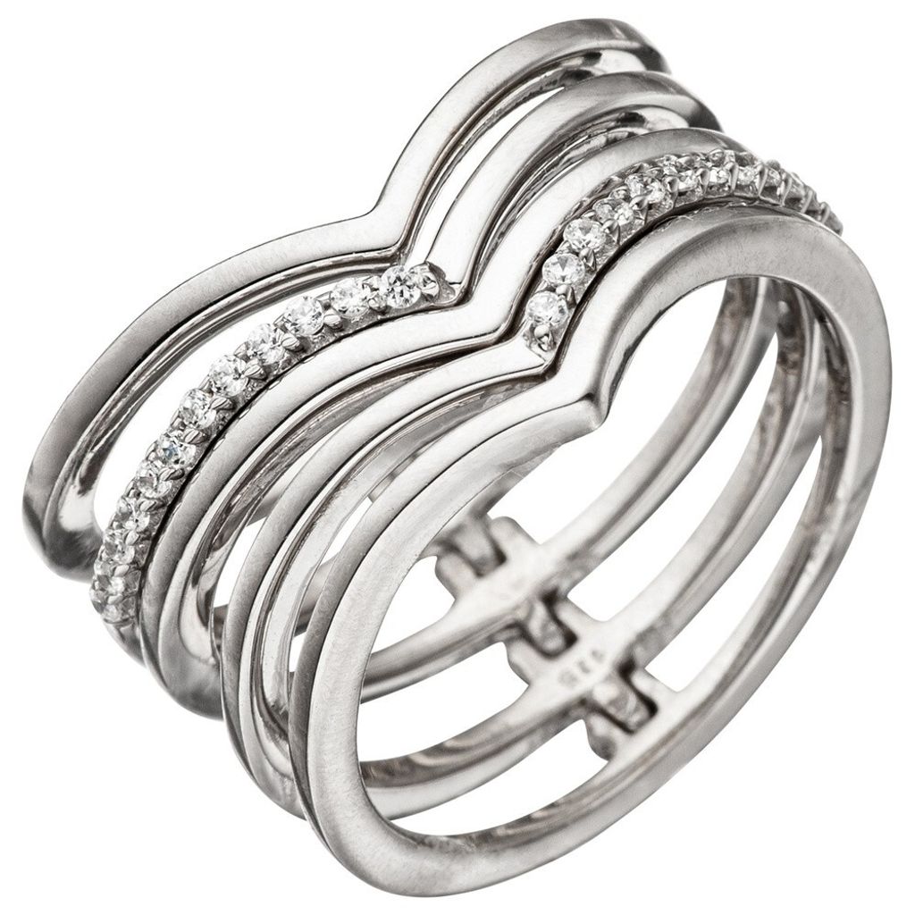 Breiter Ring Damenring "Herzen" 5-reihig mit Zirkonia 925 Silber Fingerschmuck Innenumfang 52mm Ø16.6mm