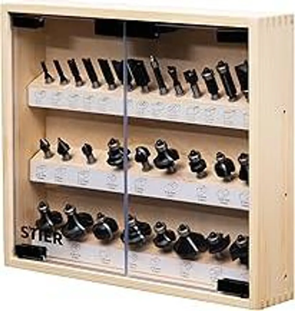 Assortimento di frese STIER in robusta vetrina, 30 pezzi, 8 mm, frese per fresatrici verticali, frese per legno, set di frese, set completo con fresa per scanalature, fresa per arrotondare, fresa a filo, fresa per smussare