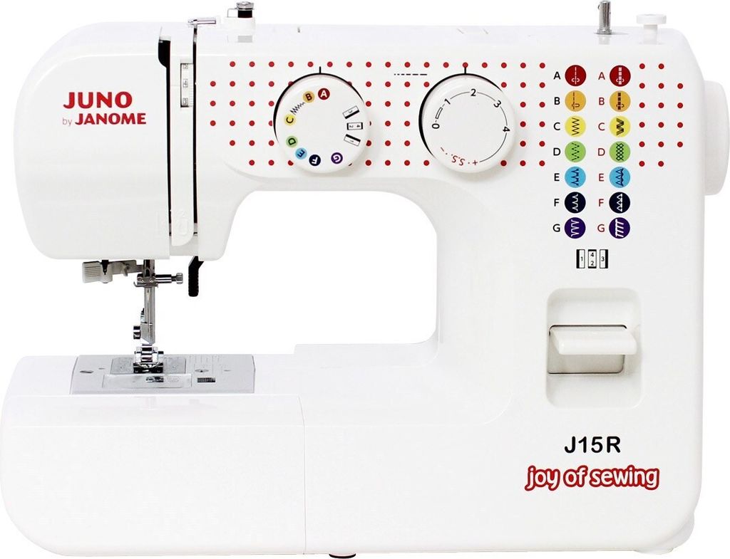 A white Juno by Janome J15R sewing machine is shown from a front-side angle against a white background.