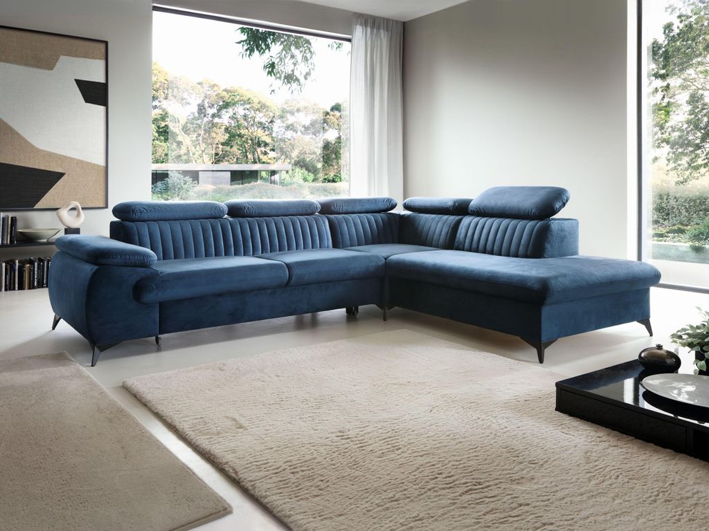 Masseno Ecksofa FIORE mit Schlaffunktion L-Form, Sofa mit Bettkasten, Wohnzimmersofa, Couch, Soffa, Bettsofa, Couchgarnitur- Blau, MONOLITH 77