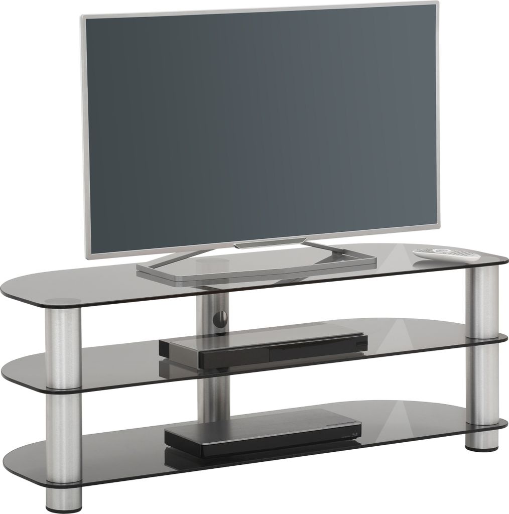 TV-Rack "1645" aus Metall / ESG-Sicherheitsglas in Metall Alu - Rauchglas mit 3 Einlegeböden. Abmessungen (BxHxT) 120x44x42 cm