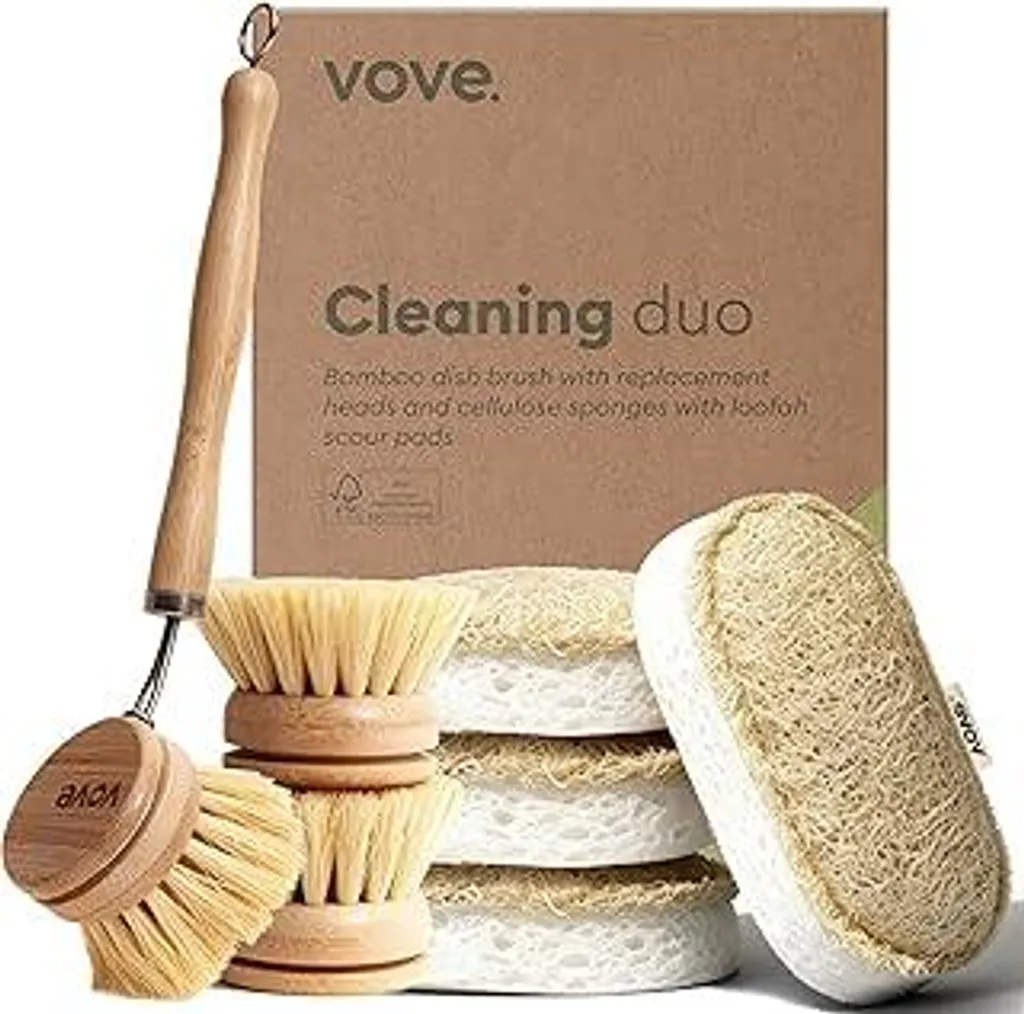 Duo per la pulizia Vove: set di spazzole per piatti in bambù e spugne naturali in sisal, luffa e cellulosa – senza plastica, ecologico, per cucine a rifiuti zero.