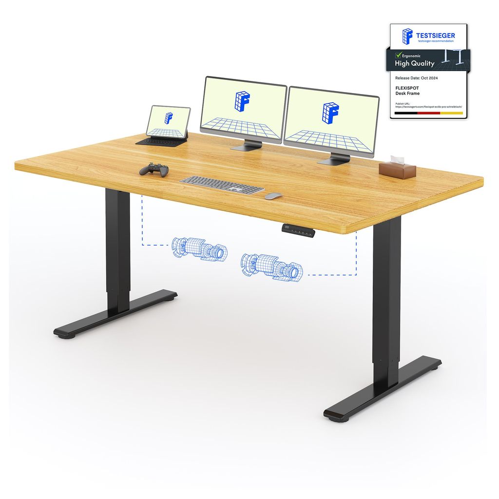 A modern standing desk with dual monitors, a laptop, and a game controller.