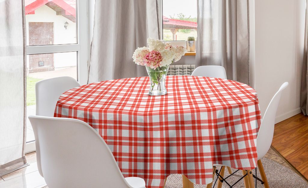 ABAKUHAUS rot-Weiss Runde Tischdecke, Geometrische quadratische Form, Kreis Tischdecke Abdeckung für Esszimmer Küche Dekoration, 150 cm, rot-Weiss