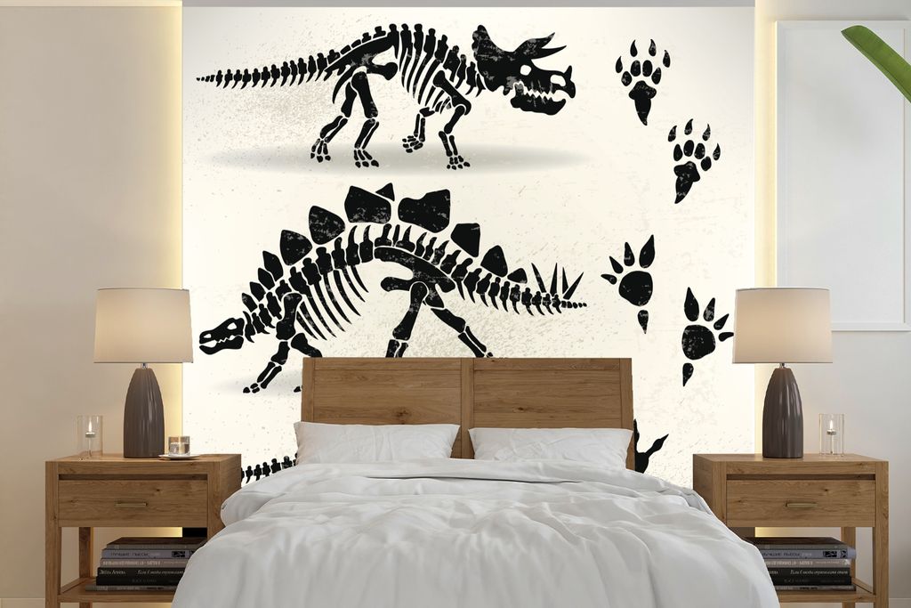 MuchoWow Fototapete für Wohnzimmer oder Schlafzimmer Wandtapete Vinyl Motivtapete Dinosaurier - Skelett - Pfotenabdruck - Zeichnung - Kinder - K...