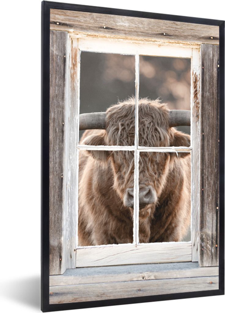 MuchoWow Gerahmtes Poster Schottischer Highlander - Ansicht - Fenster 60x90 cm - Poster mit Schwarzem Bilderrahmen Wandposter Rahmen Foto Bilder ...