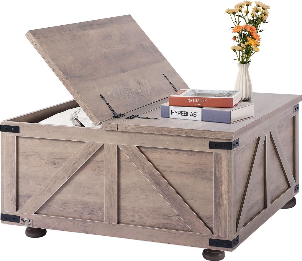 VEVOR Couchtisch Kaffeetisch im Farmhouse-Stil 914 mm, quadratischer Couchtisch mit Scharnier & großem Ablagefach, rustikaler Cocktailtisch aus Holz
