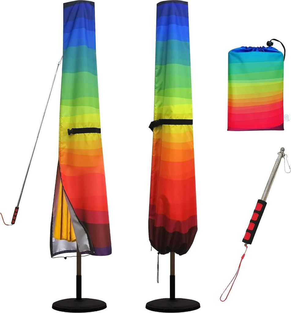 Regenschirm, beschirmhoes, parasolhülle, 420D Oxford-Stoff, wasserfest, für 240-340cm, mit teleskopischer Stange, Regenbogenfarbe