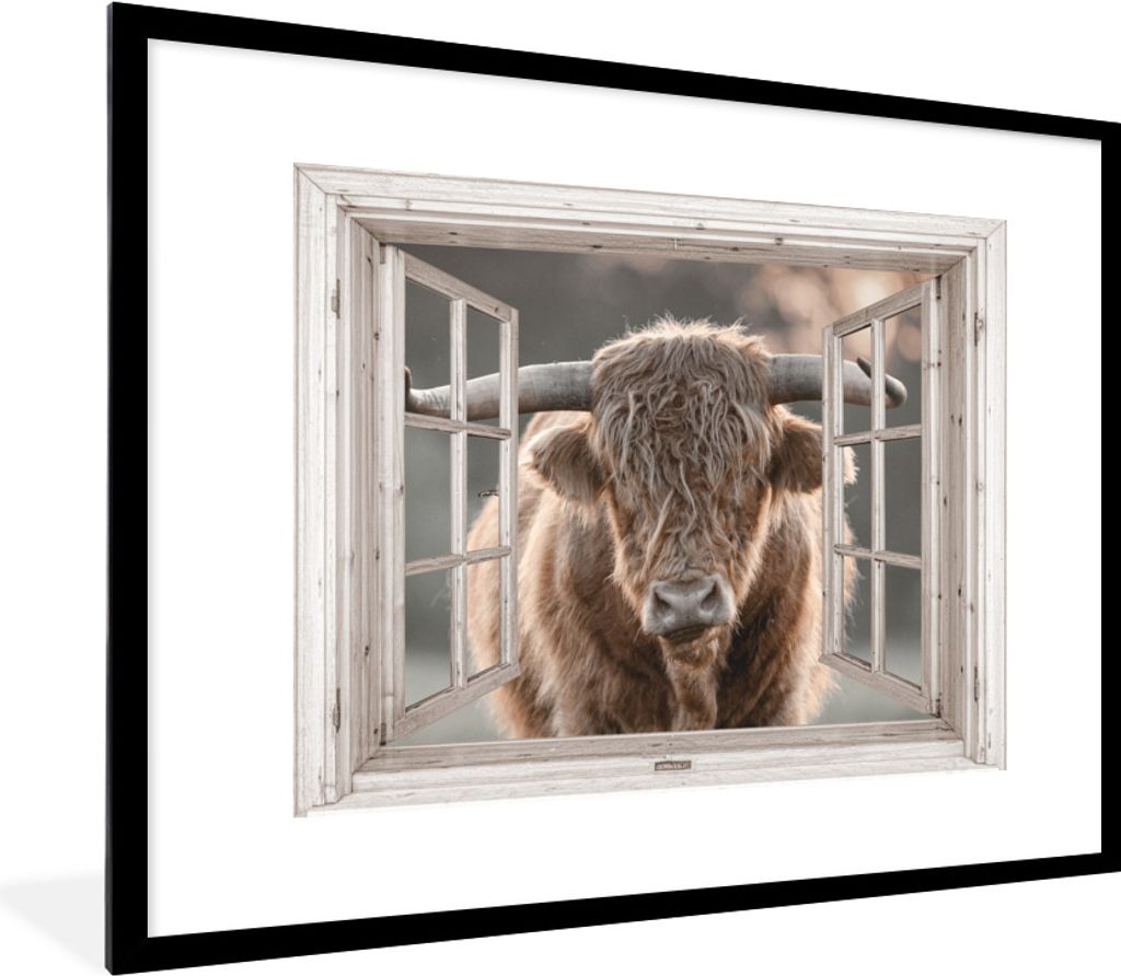 MuchoWow Gerahmtes Poster Schottischer Highlander - Holz - Ansicht 80x60 cm - Poster mit Schwarzem Bilderrahmen Wandposter Rahmen Foto Bilder - S...