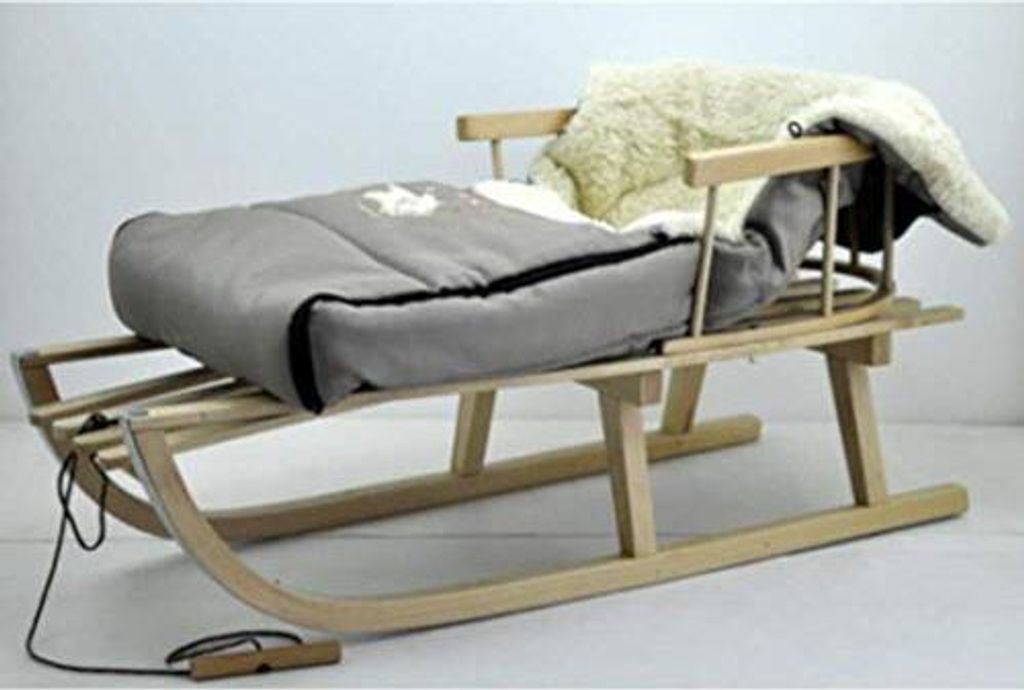 Holzschlitten Kinderschlitten aus Buchenholz Rückenlehne inkl. Zugseil + Winterfußsack Schlittensack 40 x 90 cm Fußsack Schlitten Kinderwagen He...