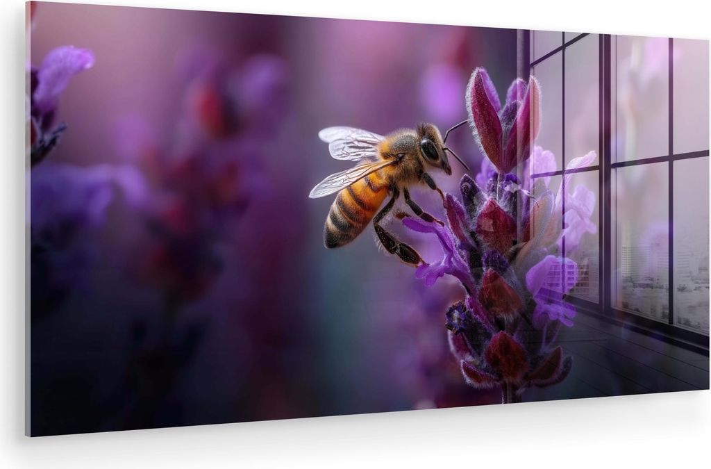 MuchoWow Glasbilder - Bilder auf Wandbild - Foto auf Glas Honigbiene - Lila Blumen - Details 40x20 cm Wanddekoration aus Glas - Acrylglasbild - Acr...