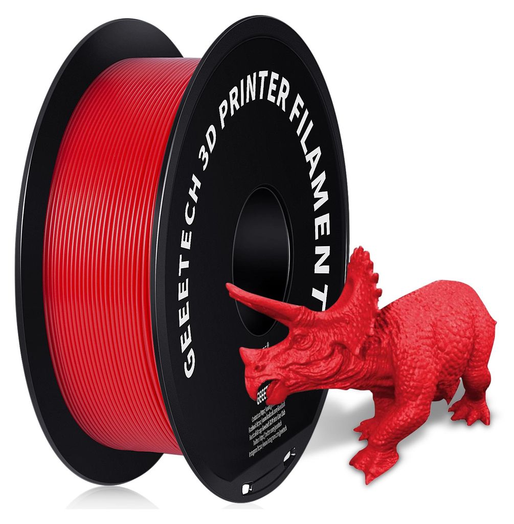 A spool of red 3D printer filament is shown next to a red 3D printed triceratops dinosaur.