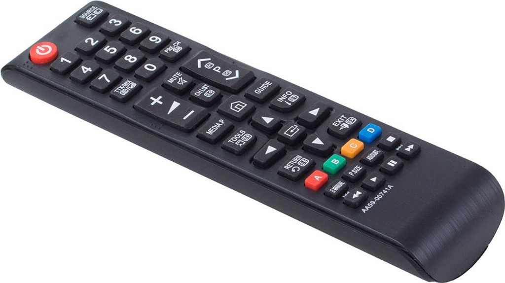 A black remote control is shown against a white background.