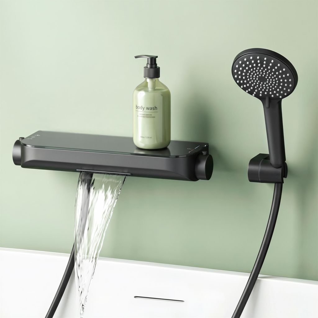 Mai & Mai Thermostat Badewannenarmatur mit Handbrause Wannenarmatur Wannenthermostat 4 Strahlarten Wandarmatur für Badewanne Matt Schwarz Duschsys...