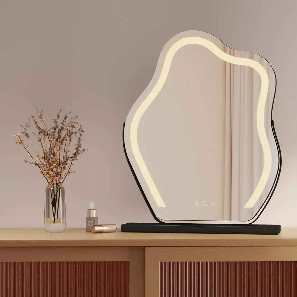 EMKE Specchio per il trucco con illuminazione, Specchio per il trucco Hollywood nero con controllo smart touch, Specchio per il trucco irregolare con 3 colori di luce, con luce ruotabile a 360°, Luminosità regolabile e funzione di memoria (582x450mm)