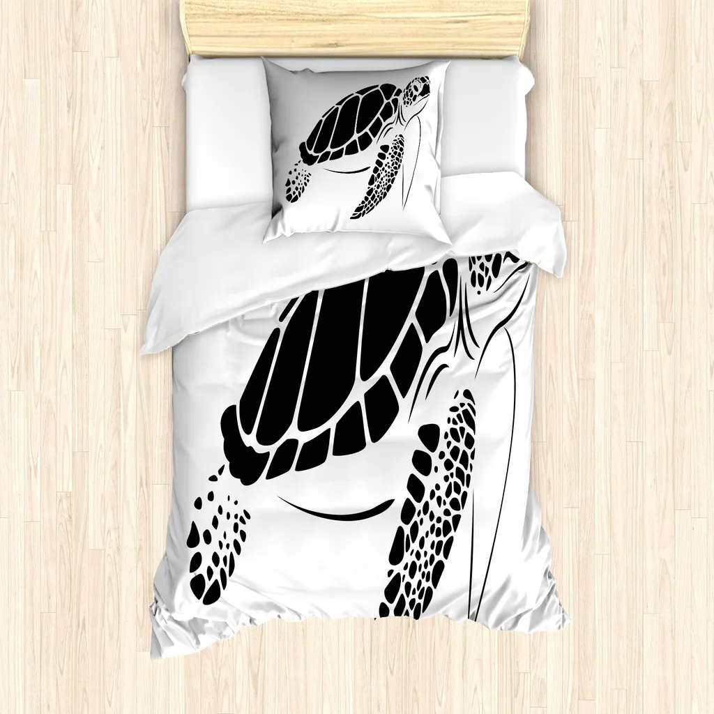 ABAKUHAUS Set copripiumino per letto singolo, Monotone Caretta Caretta, antiacaro, adatto a chi soffre di allergie, con federa, 135 cm x 200 cm - 80 x 80 cm, bianco e nero