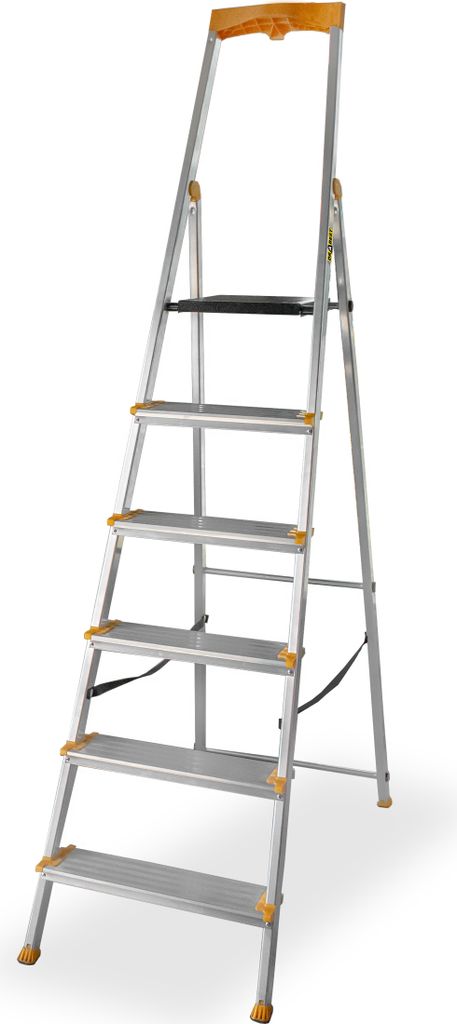A silver aluminum step ladder with yellow accents and a black tool tray, shown against a white background.
