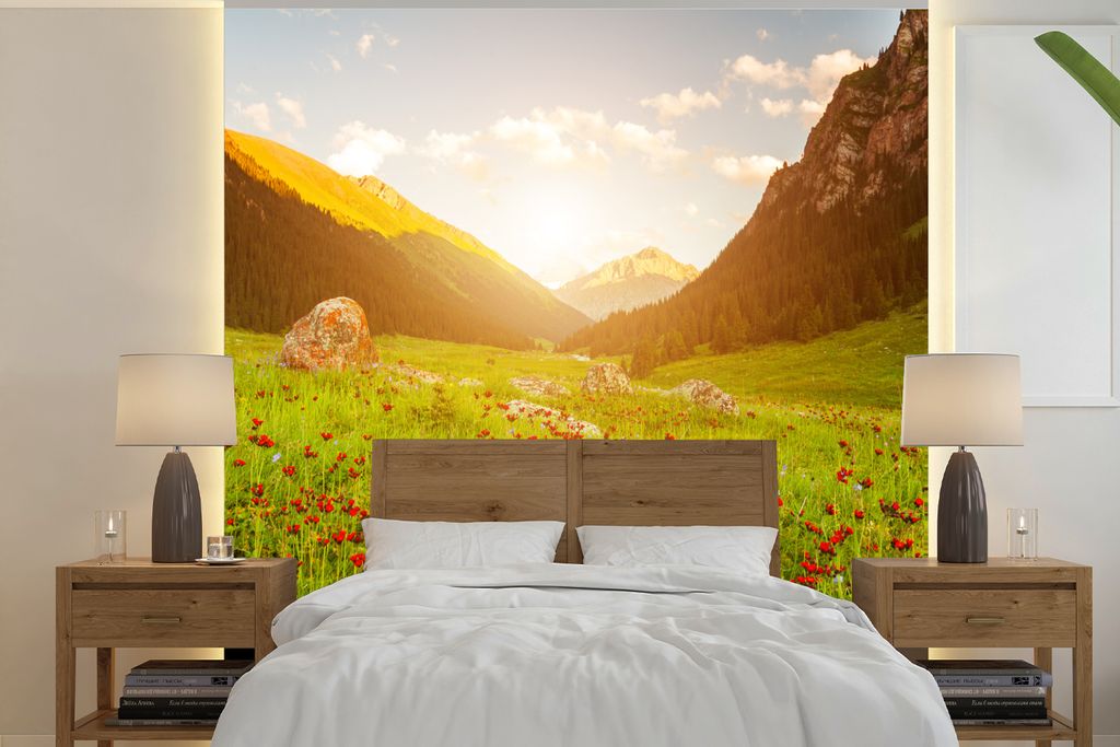 MuchoWow Fototapete für Wohnzimmer oder Schlafzimmer Wandtapete Vinyl Motivtapete Blumen - Berg - Sonne - 240x240 cm - Schlafzimmer-Tapete