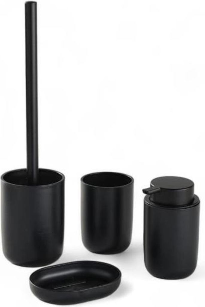 Badezimmer Accessoires Set 4-teilig, Seifenspender, Zahnbürstenhalter, WC Bürste, Schwarz, Kunststoff und Aluminium