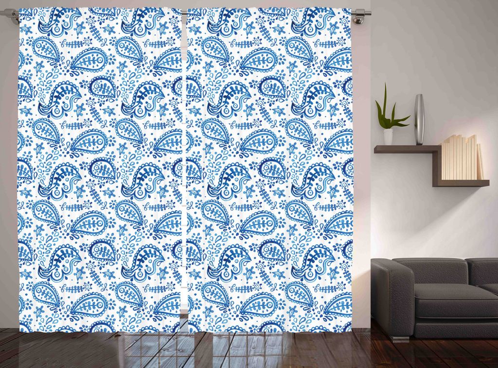 ABAKUHAUS Paisley Rustikaler Vorhang, Ikat Stil Aquarell, Wohnzimmer Universalband Gardinen mit Schlaufen und Haken, 280 x 245 cm, Weiß Blau