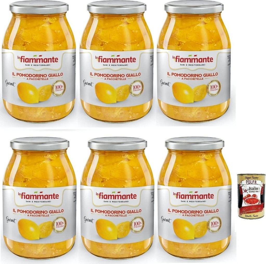 6x La Fiammante Il Pomodorino Giallo a Pacchetelle,Gelbe Tomate,Gelbe Kirschtomaten,100% Italienische Tomate,Glasgefäß mit 1kg + Italian Gourmet ...