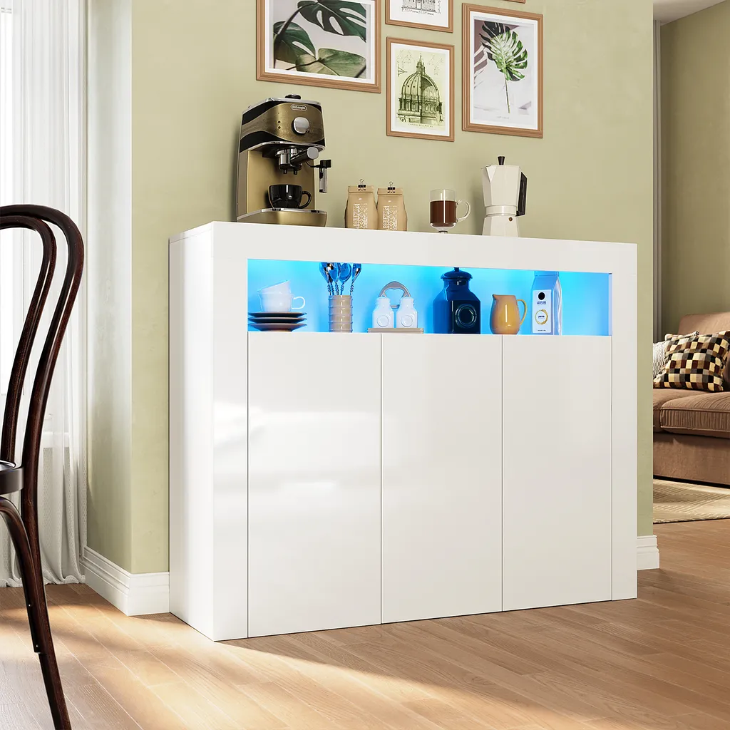 SONNI Commode Sideboard Blanc Brillant avec Éclairage LED Moderne