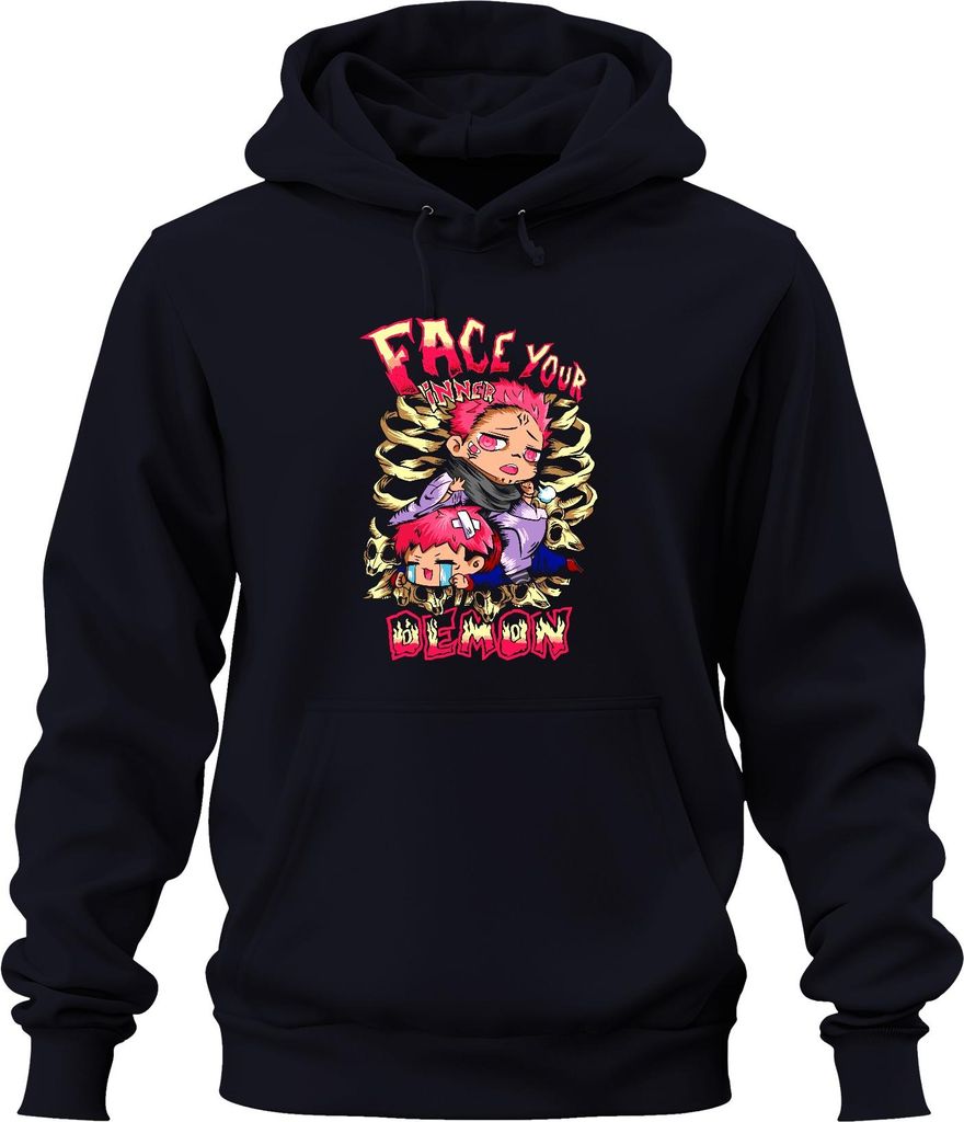 Face Your Inner Demon Chibi Anime Ästhetik Skull Gothic Otaku Uni Hoodie Kapuzenpullover, Navy, S